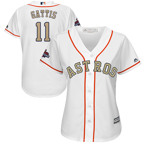 Astros #11 Evan Gattis White 2018 Gold Program Cool Base Women's Stitched MLB Jersey - Click Image to Close